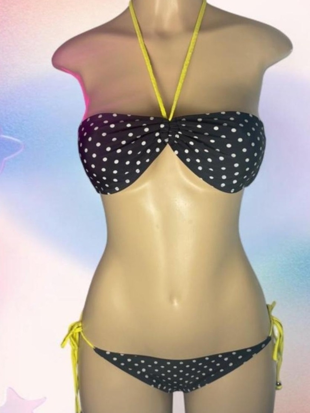 Black Polka Dot Bandeau Bikini with Yellow Ties - Women Swim M/L